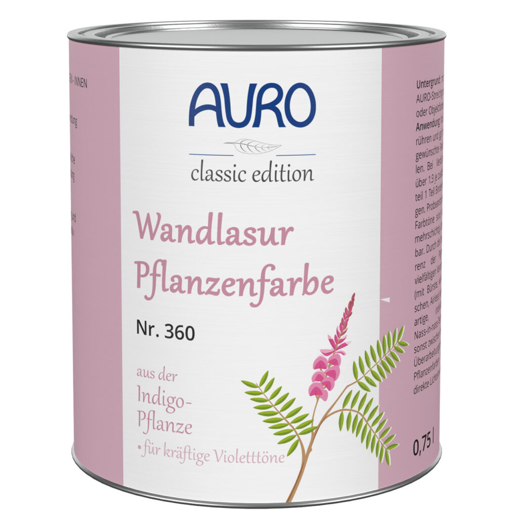 0,75 L AURO Pflanzenchemie Wandlasur-Pflanzenfarbe – natürliche Wandlasur in der klassischen Ausführung. Mit rosa-weißen Etiketten, violetten Akzenten und einem indigoblauen Pflanzenmotiv für umweltfreundliche, schöne Wände.