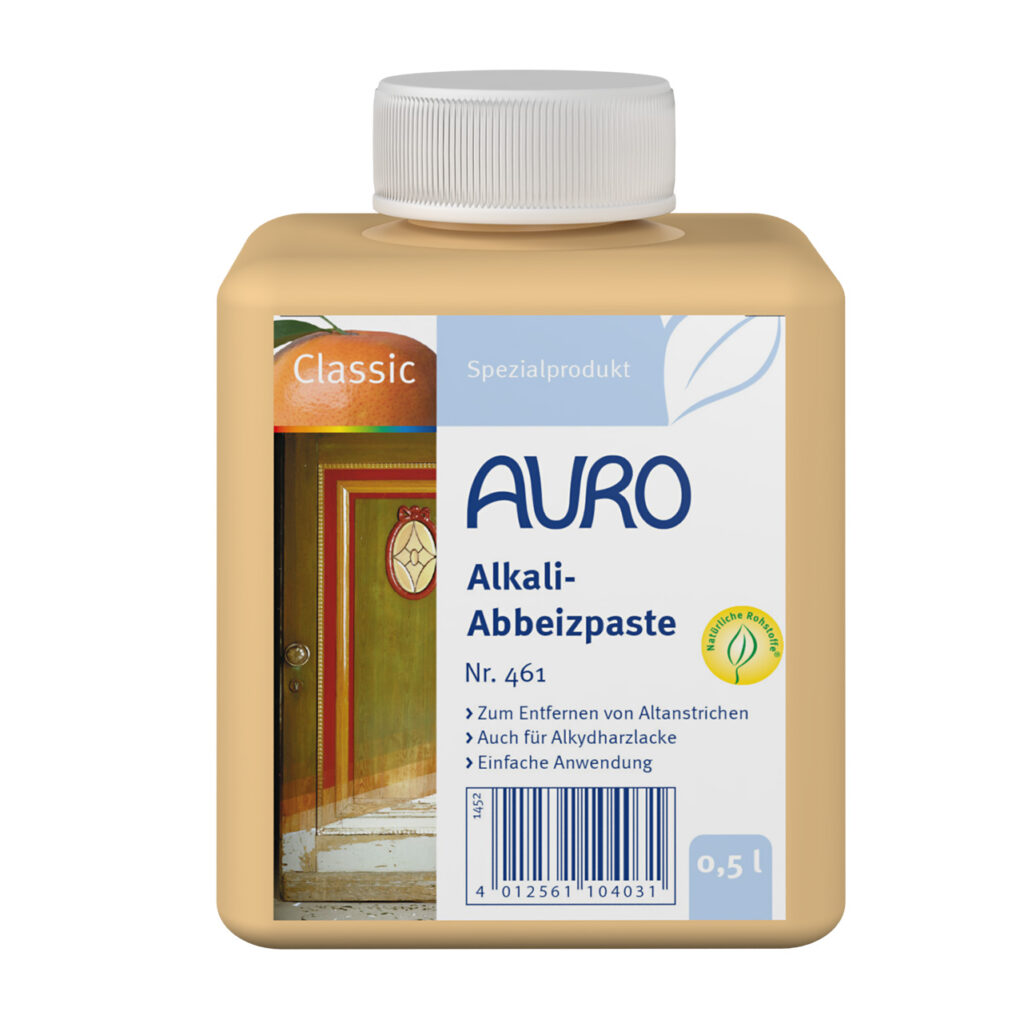 AURO Pflanzenchemie Alkali-Abbeizpaste (0,5 l) ist ein beigefarbener Abbeizmittel auf Pflanzenbasis im Kunststoffbehälter mit deutscher Beschriftung und rotem Türbild. Teil der Spezialprodukte-Reihe.