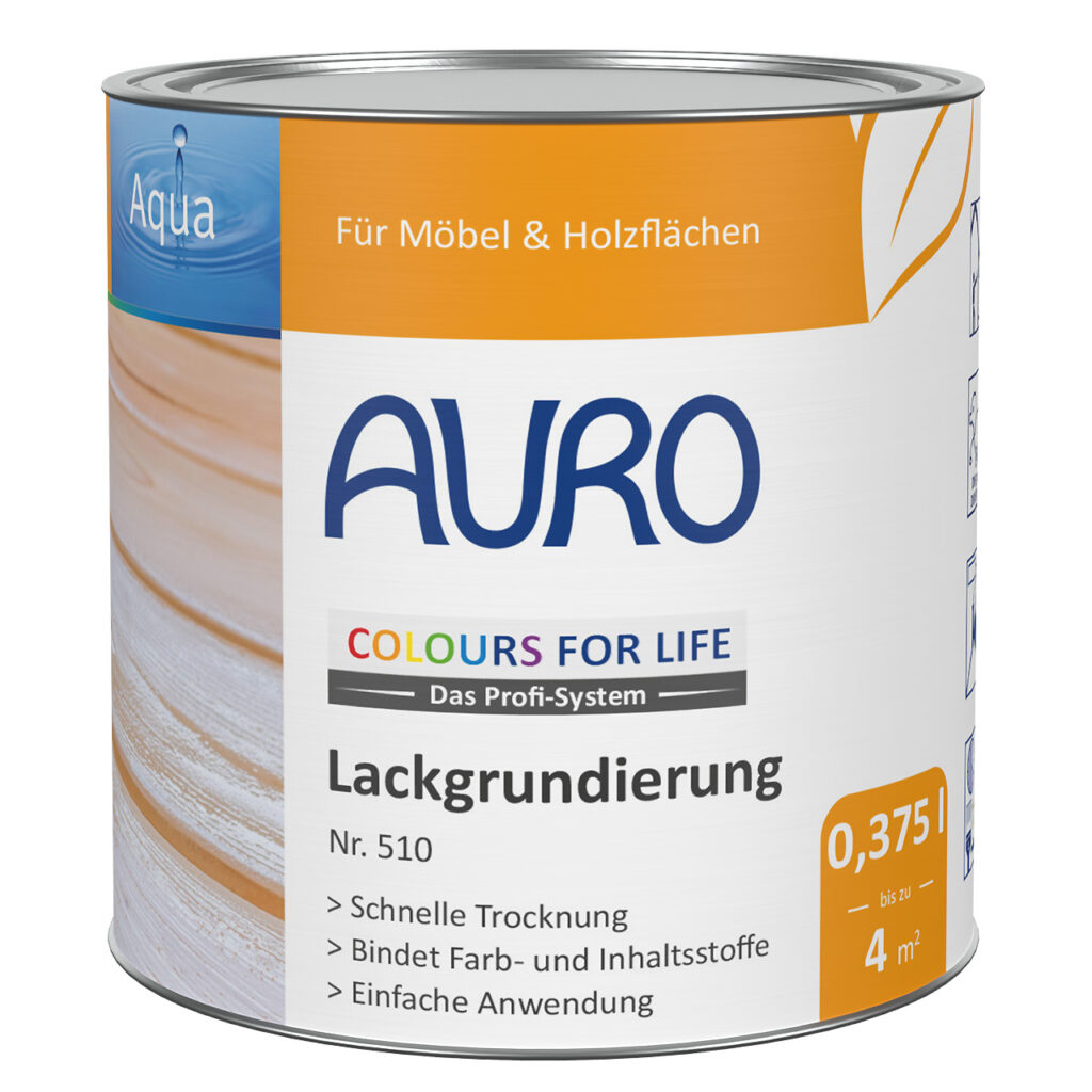 AURO COLOURS FOR LIFE Lackgrundierung: Umweltfreundliche Holzgrundierung für Möbel und Oberflächen. Einfache Anwendung, in Deutschland hergestellt mit natürlichen Inhaltsstoffen. Sorgt für eine gleichmäßige, dauerhafte Lackhaftung.