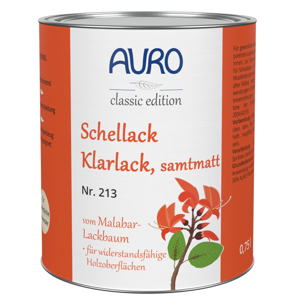 Auro Pflanzenchemie Schellack-Lack, seidenmattes Finish. 0,75-Liter-Dose für strapazierfähige Holzoberflächen. Natürliche Inhaltsstoffe; Etikett mit rot-orangefarbenem Blütenzweig. Deutscher Text inklusive.