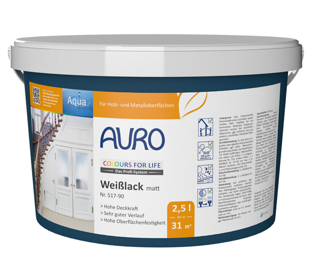 AURO COLOURS FOR LIFE Weißlack, matt, 2,5 l – umweltfreundlicher blau-weißer Anstrich für Holz und Metall. Strapazierfähiges Finish, einfache Anwendung. Mit klaren Produktdetails und Anwendungssymbolen auf dem Etikett.