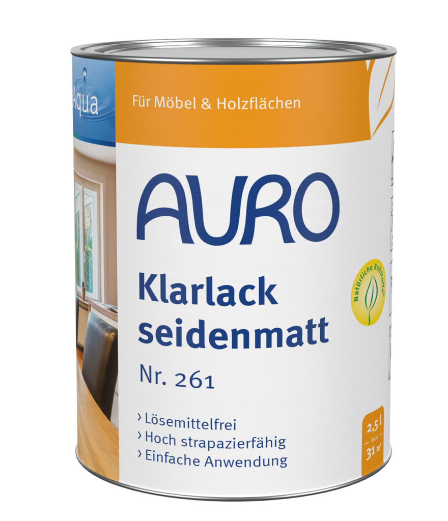 AURO Pflanzenchemie Klarlack seidenmatt ist ein lösemittelfreier, seidenmatter Lack für Möbel und Holz. Strapazierfähig, leicht zu verarbeiten und umweltfreundlich für ein glattes, natürliches Finish.