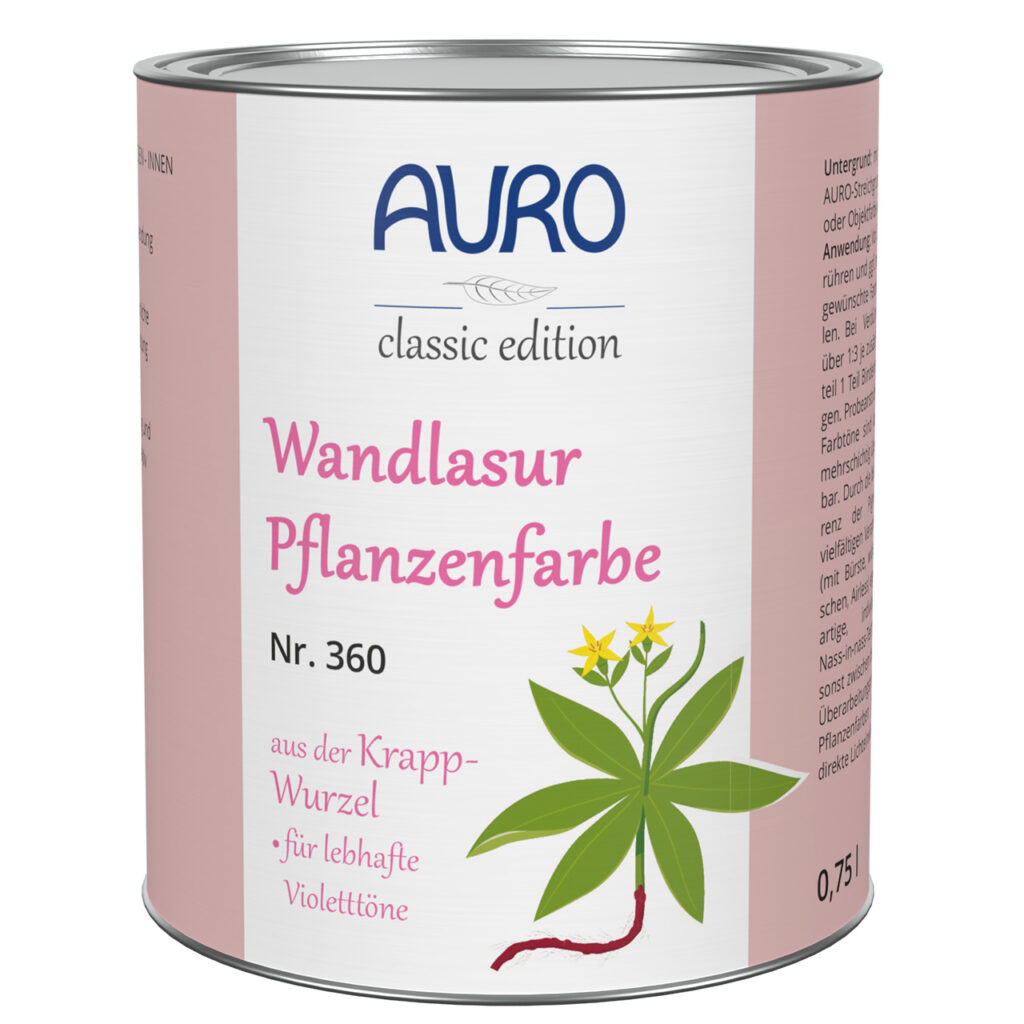 AURO Wandlasur-Pflanzenfarbe, 0,75 l, mit Krappwurzel für satte Violetttöne. Umweltfreundliche, pflanzliche Farbe mit botanischer Illustration auf dem Etikett für naturinspirierte Wände.