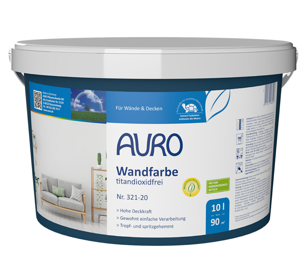 AURO Pflanzenchemie Wandfarbe (10L, blauer Deckel) ist eine titandioxidfreie Wand- und Deckenfarbe mit einer Ergiebigkeit von bis zu 90m². Umweltfreundlich, atmungsaktiv und ideal für ein gesundes Raumklima.