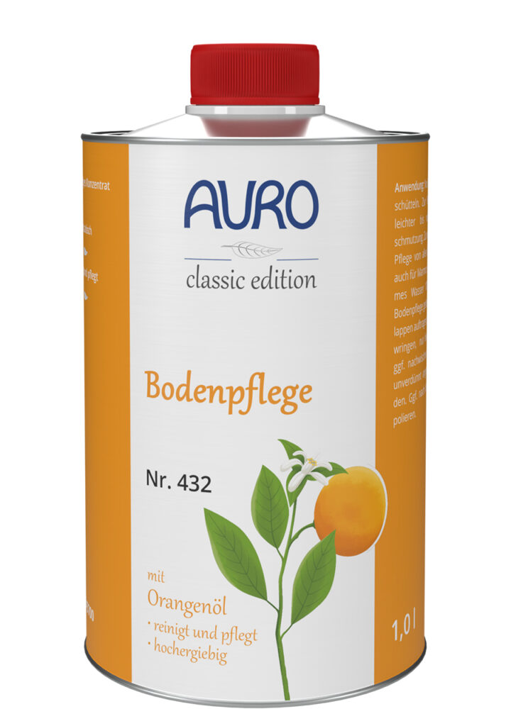 AURO Pflanzenchemie Bodenpflege: Metalldose mit rotem Deckel, orangefarbenem Etikett und Filialabbildung. Reinigt mit natürlichem Orangenöl – effektive und schonende Bodenpflege in umweltfreundlicher deutscher Qualität.