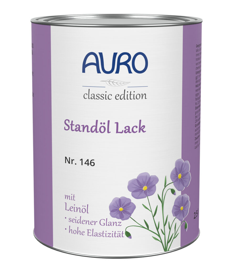 AURO Pflanzenchemie Standöl-Lack, Klassik-Edition (2,5 l). Natürlicher Öllack mit lila-weißem Blumenetikett. Der deutsche Text betont die umweltfreundlichen Eigenschaften und den dauerhaften Holzschutz.