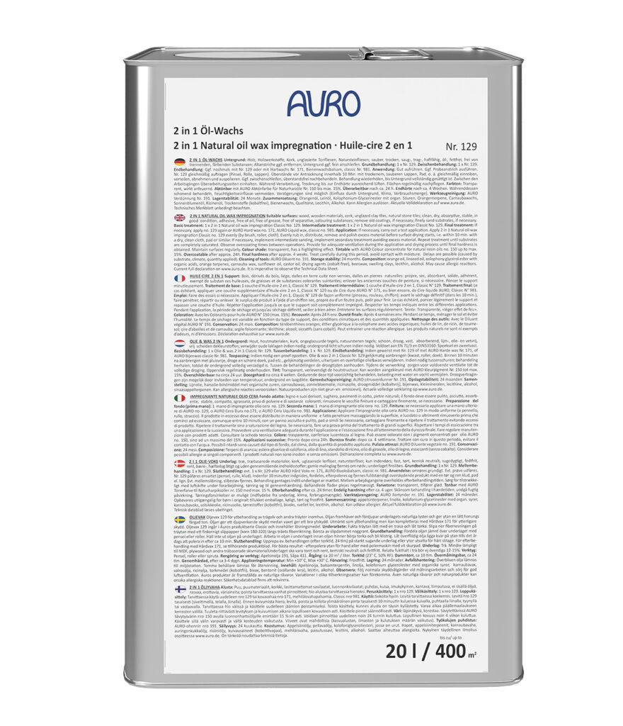 AURO Pflanzenchemie 2 in 1 Öl-Wachs Classic ist eine natürliche, hochdeckende Holzbehandlung. Der 20-Liter-Behälter reicht für bis zu 400 m² und schützt und veredelt Oberflächen mit pflanzlichen Inhaltsstoffen. Mehrsprachige Informationen inklusive.