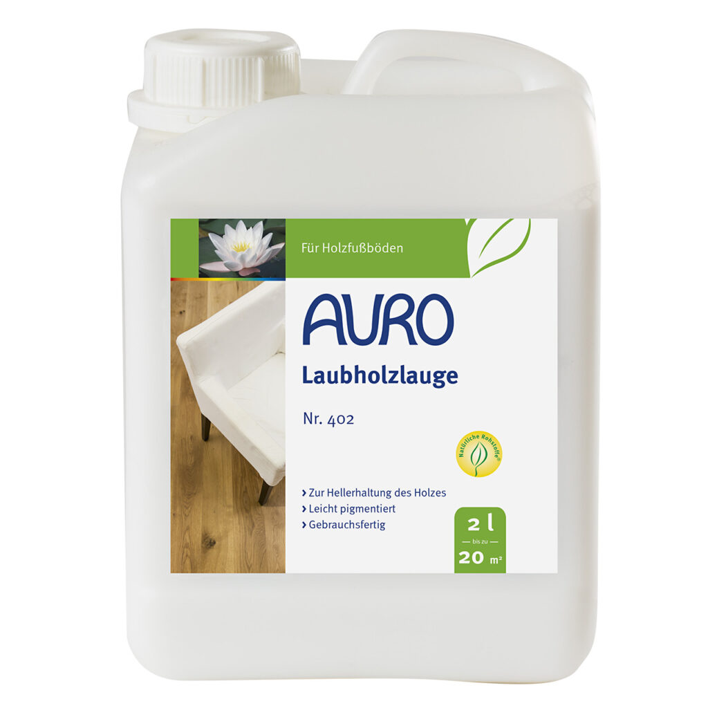 AURO Pflanzenchemie Laubholzlauge (2L) zum Aufhellen von Hartholzböden. Reicht für bis zu 20 m². Ideal zum Aufhellen von Holz; leicht zu handhabender weißer Kunststoffbehälter mit verständlicher Gebrauchsanweisung.