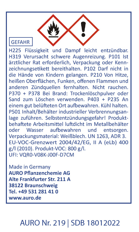 Ein deutsches Sicherheitsetikett mit Gefahrensymbolen für brennbare Stoffe und Gesundheitsrisiken, Warntexten, Lagerhinweisen, Notfallmaßnahmen, Firmenkontaktdaten und Produktinformationen zu AURO Nr. 219.