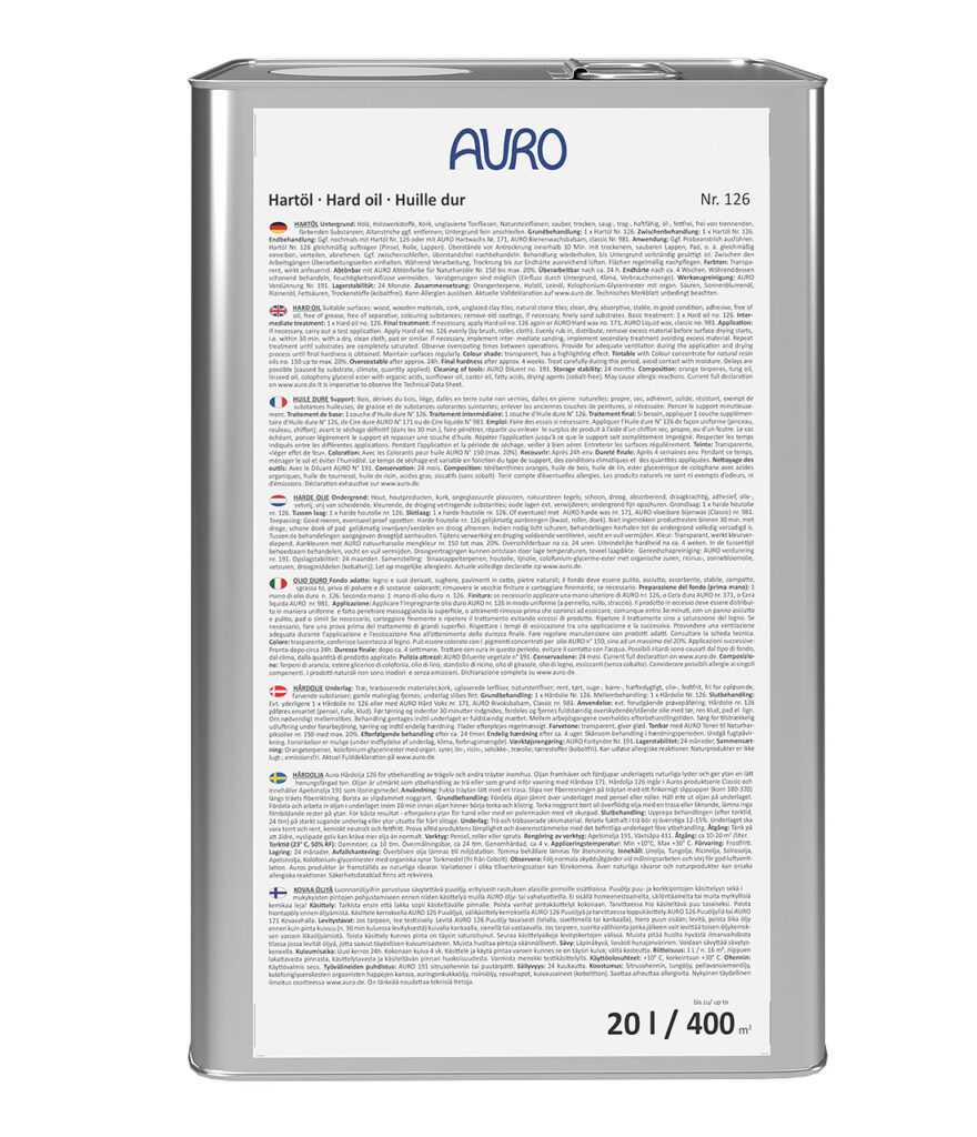 AURO Pflanzenchemie Hartöl: Natürliches Holzöl, 20 l reichen für bis zu 400 m². Mehrsprachiger Kanister. Ideal für umweltfreundlichen Schutz und Pflege.