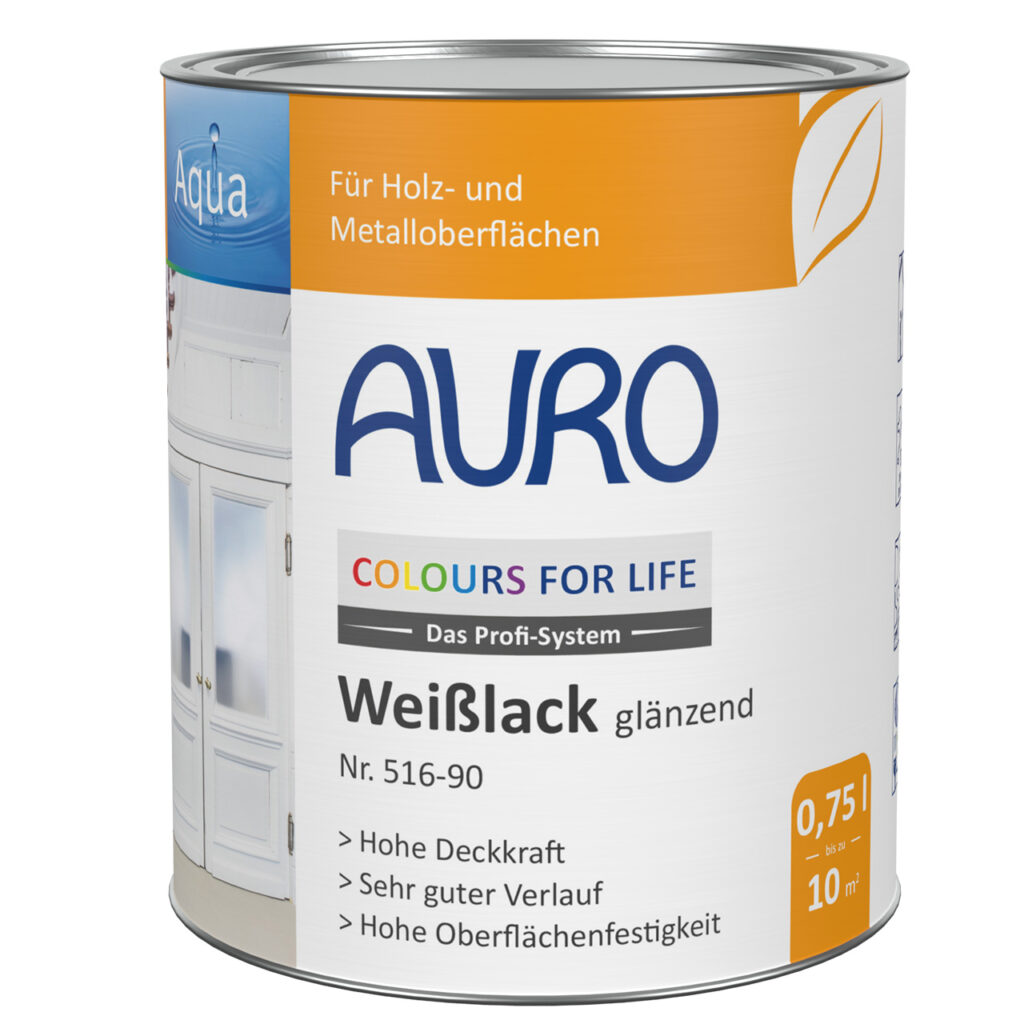 AURO COLOURS FOR LIFE Weißlack, glänzend – 0,75 l. Hochdeckender, langlebiger, glänzender Lack für Holz und Metall mit glattem Finish. Natürliche Formel für starken Schutz und einfache Anwendung.