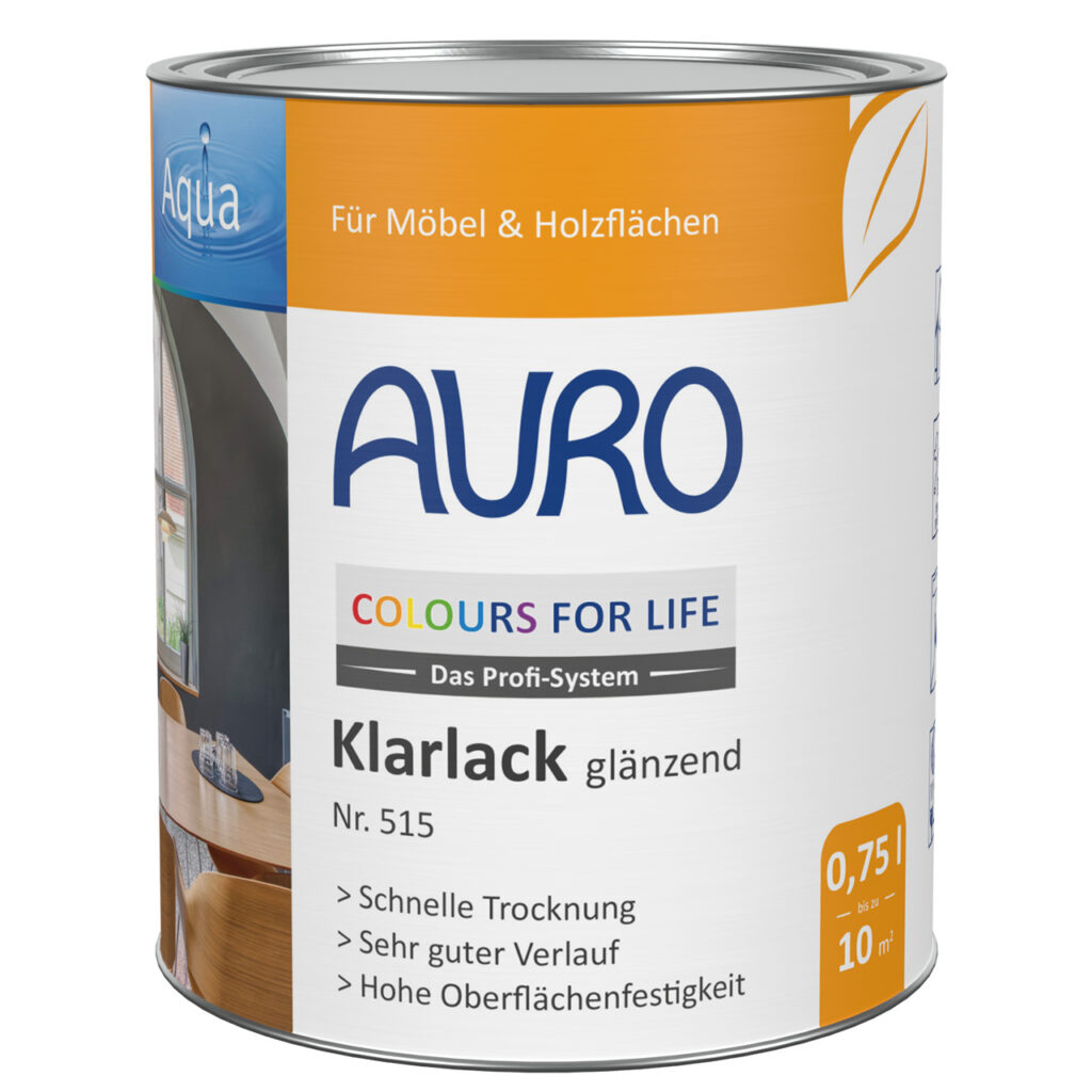 AURO COLOURS FOR LIFE Klarlack, glänzend (0,75 l) bietet schnelle Trocknung, gleichmäßige Anwendung und hohe Oberflächenhärte. Reicht für 10 m² – ideal zum natürlichen Schutz von Möbeln und Holzoberflächen.
