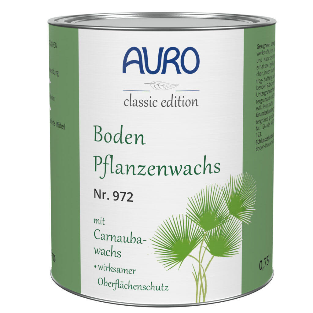 AURO Pflanzenchemie Bodenpflanzenwachs (0,75L) mit Carnaubawachs und natürlichen Ölen bietet zuverlässigen Oberflächenschutz für Böden. Umweltfreundlich, palmblattgrün-weißes Etikett.