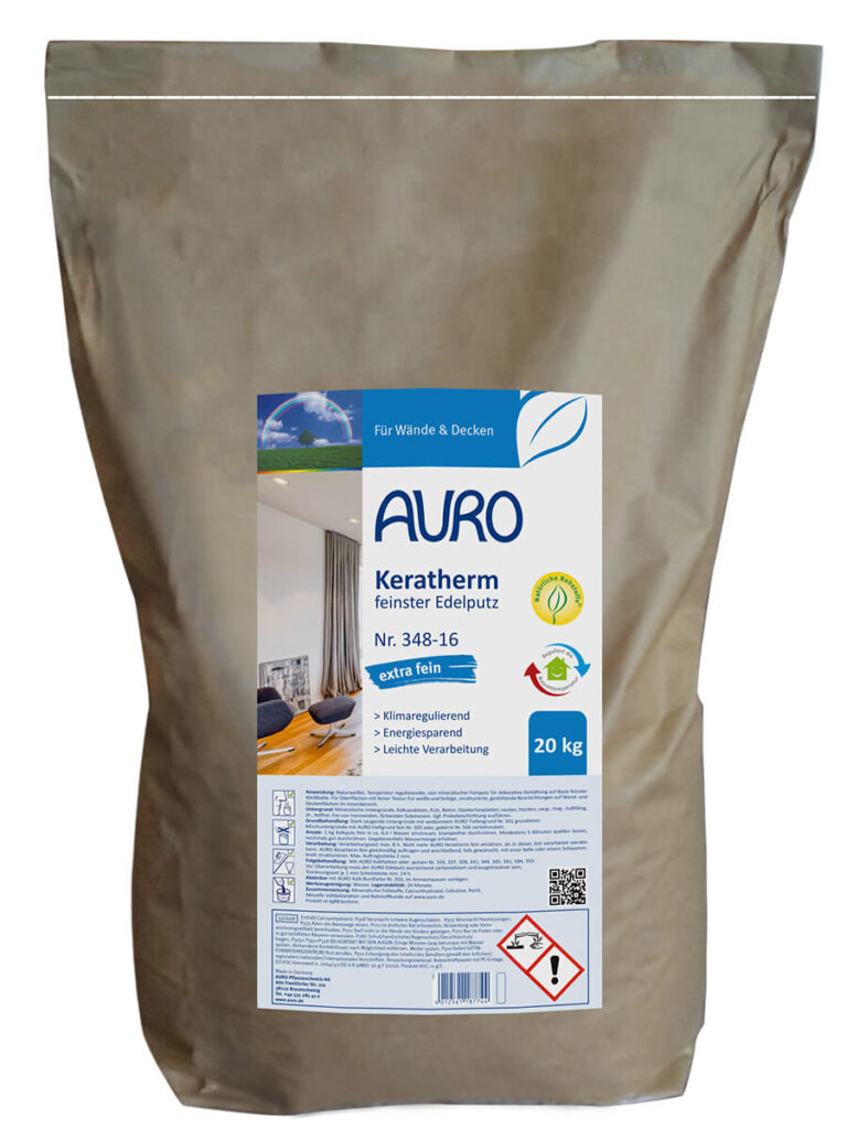 AURO Pflanzenchemie Keratherm fein ist ein 20 kg Naturputz für Innenwände. Verpackt im versiegelten braunen Beutel ermöglicht er eine sichere und umweltfreundliche Anwendung – ideal für gesunde Wohnräume.