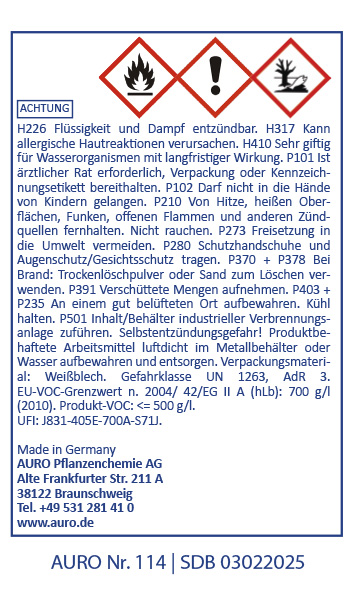 Ein deutschsprachiges Warnschild für Chemikalien mit Gefahrensymbolen und Sicherheitshinweisen. Es enthält Warnhinweise, Handhabungsinformationen, Gefahrenpiktogramme, Produktdetails und die Kontaktinformationen des Herstellers.