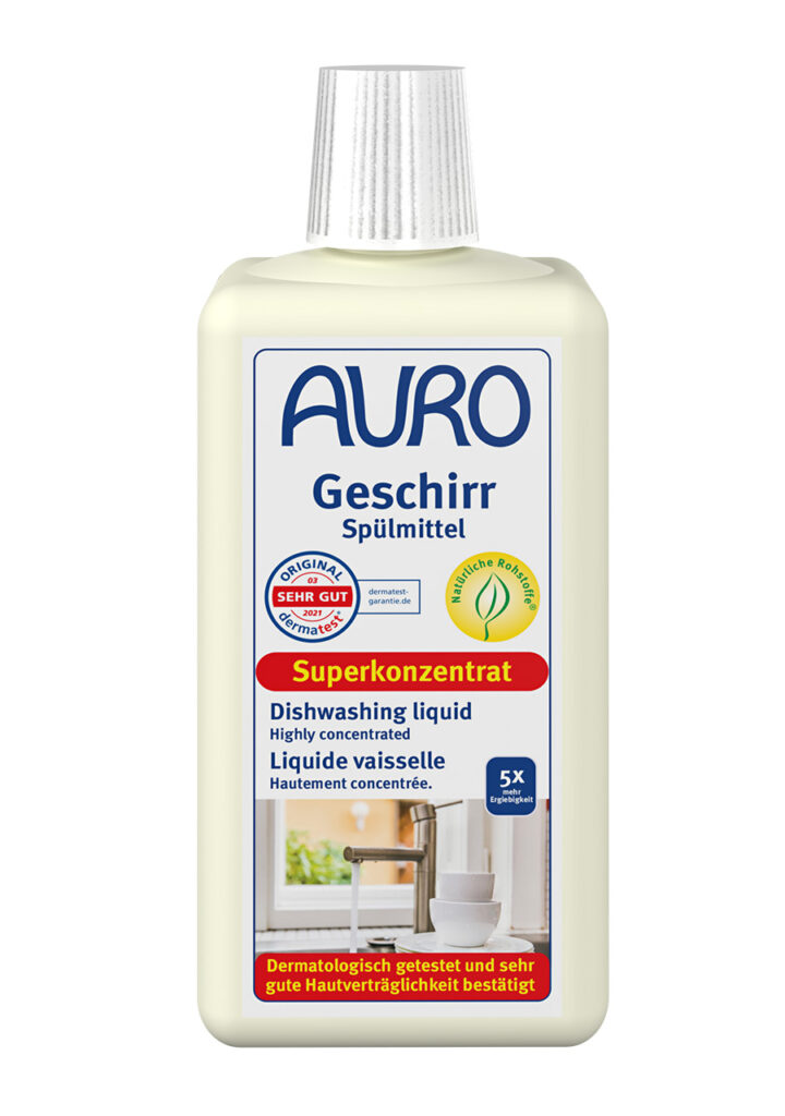 AURO Pflanzenchemie Geschirrspülmittel: Hochkonzentriert, gründliche Reinigung und Pflege. Dermatologisch getestet und mit „sehr gut“ bewertet. Sanft zu den Händen, kraftvoll zum Geschirr.