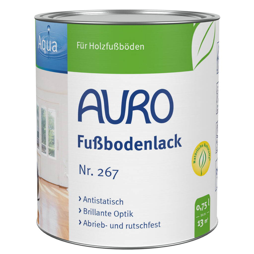AURO Pflanzenchemie Fußbodenlack (0,75 l) reicht für 13 m² und verleiht Holzböden eine hochglänzende, antistatische, abrieb- und rutschfeste Oberfläche. Umweltfreundlich in der grün-weißen Dose.