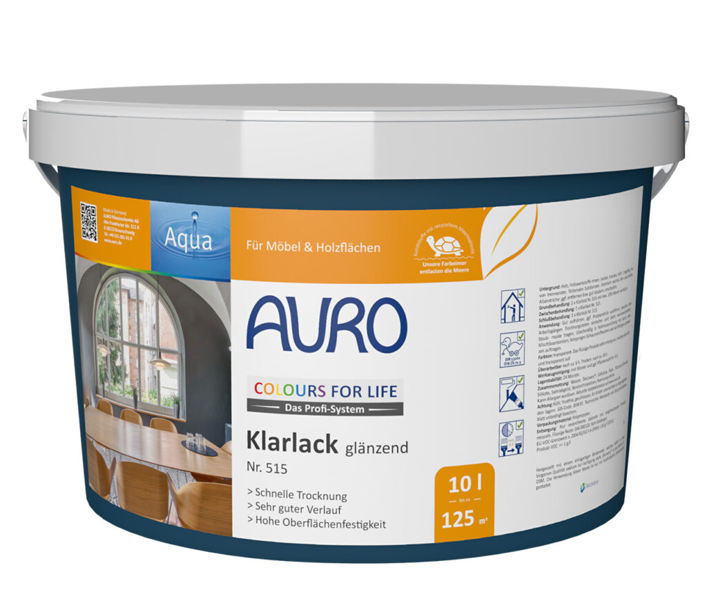 AURO COLOURS FOR LIFE Klarlack, glänzend – Premium-Klarlack für Möbel und Holzoberflächen. 10L. Langlebiger, umweltfreundlicher Schutz mit natürlicher Pflanzenchemie. Für dauerhaften Glanz in Ess- und Wohnbereichen.