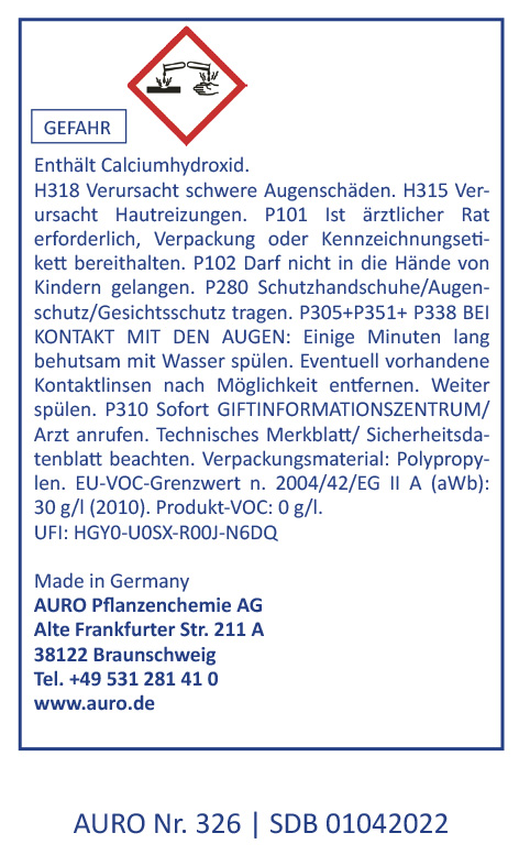 Ein deutsches Sicherheitsetikett für Chemikalien mit einem roten Gefahrensymbol und Warnhinweisen zu Calciumhydroxid, einschließlich der Gefahr schwerer Augenschäden und Hautreizungen. Herstellerinformationen und Notfallanweisungen sind ebenfalls enthalte