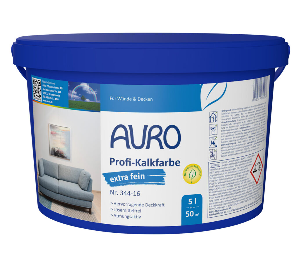 AURO Profi-Kalkfarbe extra fein: 5 l blau-weißer Eimer für 50 m². Natürliche Wand- und Deckenfarbe für Profis, mit benutzerfreundlichen Symbolen und deutschen Informationen. Perfektes mattes Finish; sichere, pflanzliche Formel.