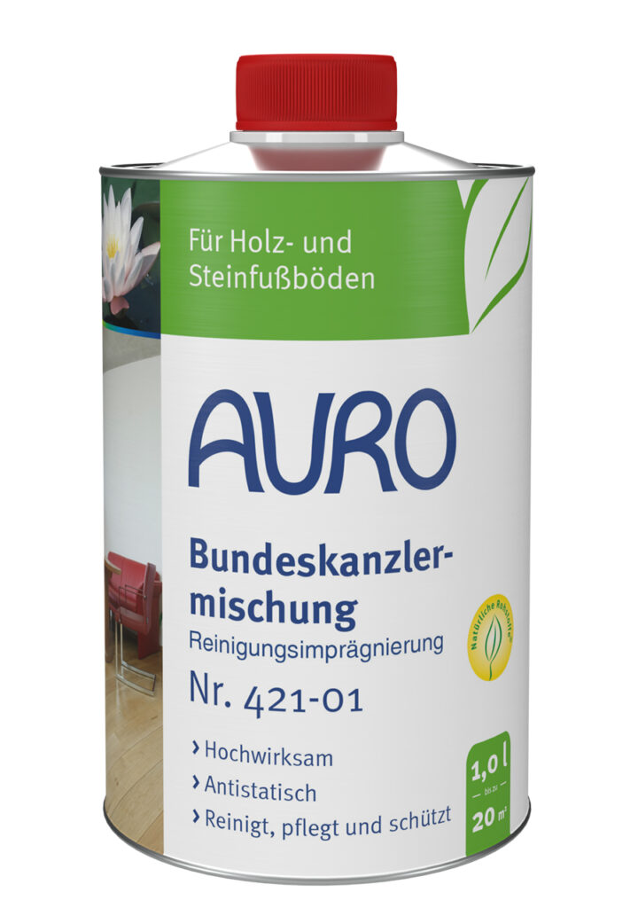 AURO Pflanzenchemie Bundeskanzlermischung ist ein 1-Liter-Antistatikreiniger und Versiegeler für Holz- und Steinböden. Reicht für 20 m², schützt Oberflächen und hinterlässt sie makellos. Mit einfacher Dosierkappe.