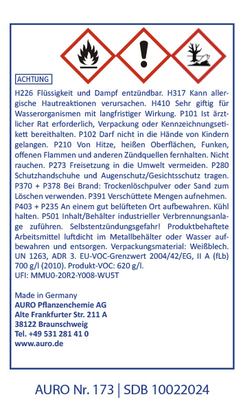 Deutsches Chemikaliensicherheitsetikett mit Warnsymbolen für Entzündlichkeit, Gesundheitsgefahr und Umweltgefährdung. Enthält Sicherheitshinweise, Gefahrenhinweise, Herstellerinformationen und Notfallkontaktdaten.