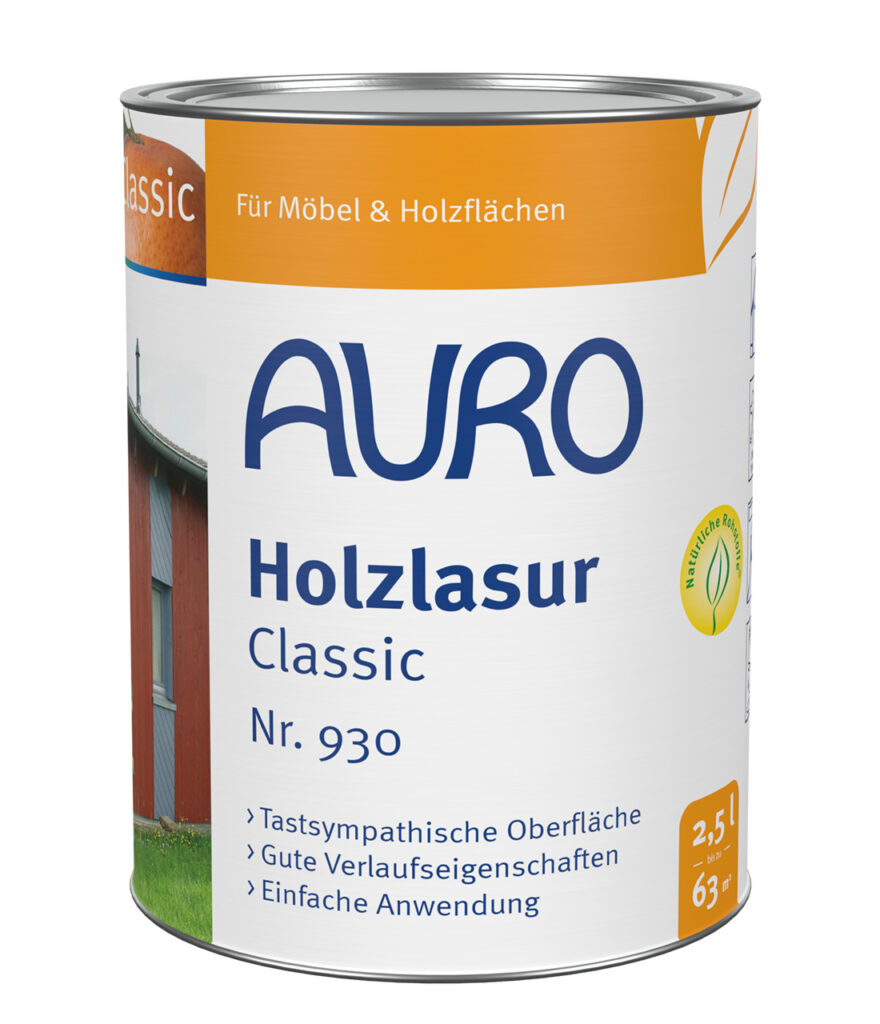 AURO Pflanzenchemie Holzlasur Classic, 2,5 l – natürliche Holzlasur für Möbel und Oberflächen. Aus der Lasuren-Reihe bietet sie eine schützende, atmungsaktive Oberfläche in einer überwiegend weiß-orangefarbenen Dose.