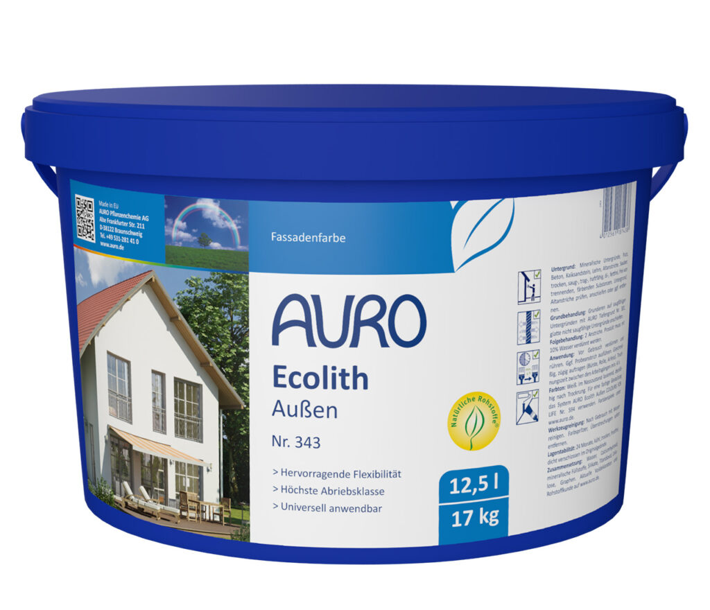 AURO Ecolith Fassadenfarbe, 12,5 l (17 kg). Robuster blauer Kunststoffbehälter. Hochwertige Kalkformel für den flexiblen, universellen Einsatz im Außenbereich. In Kalksortiment-Qualität – ideal für moderne Fassaden.