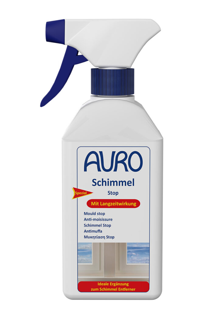 AURO Schimmel-Stop Spray schützt Ihr Zuhause effektiv und langanhaltend vor Schimmel. Einfach anzuwenden, mit mehrsprachiger Anleitung und praktischem Sprühkopf. Geeignet für Fenster und Feuchträume.