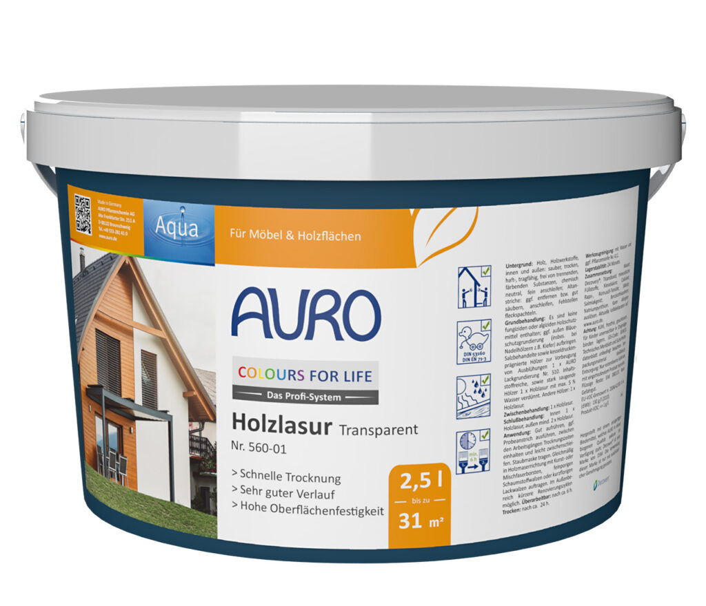 AURO COLOURS FOR LIFE Holzlasur, transparent (2,5L), schnelltrocknende Holzlasur für Möbel und Oberflächen. Deckt große Flächen ab, unterstreicht die natürliche Schönheit – ideal für Holzhäuser und Innenräume.
